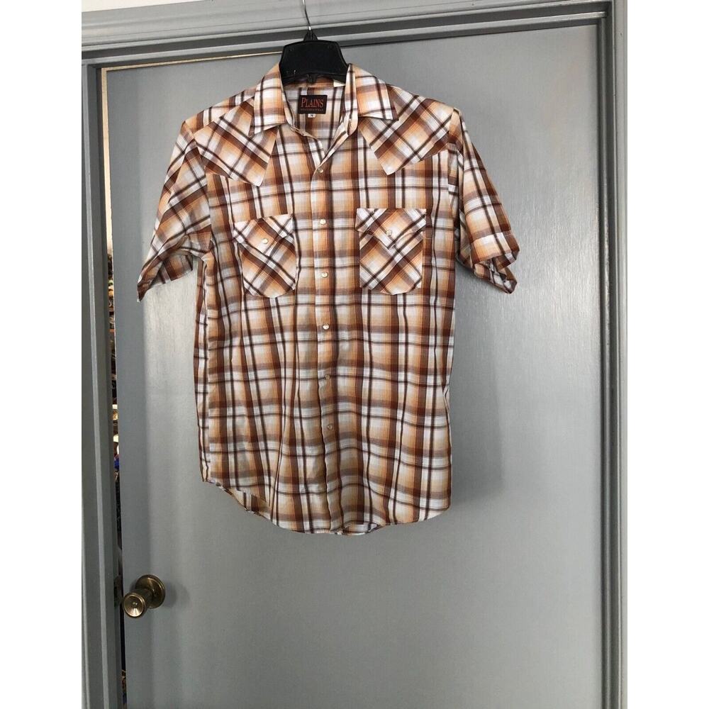 Plains Western Cowboy Pearl Snap tan plaid Short Sleeve Shirt Men's Size M rodeo